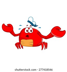 Funny Red Crab cartoon wearing sailor hat confused and sweating