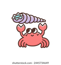 Funny red crab with cute shell horn. Sea creature with funny eyes. Colorful vector illustration crustacean animal. Smiling сartoon character isolated on white background