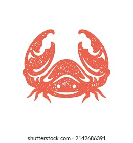 Funny red crab with eyes, smile and claws monochrome decorative design grunge texture vector illustration. Simple cute sea creature with pincers childish happy lobster symbol of summer travel vacation