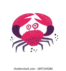 Funny red crab hand drawn vector illustration. Cute sea life, adorable crustacean cartoon character. Underwater animal with claws isolated on white background. Childish t shirt print design