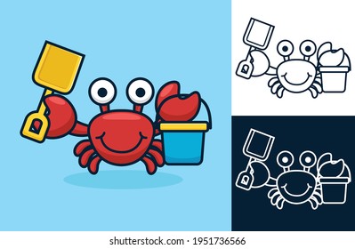 Funny red crab holding shovel and bucket. Vector cartoon illustration in flat icon style svg