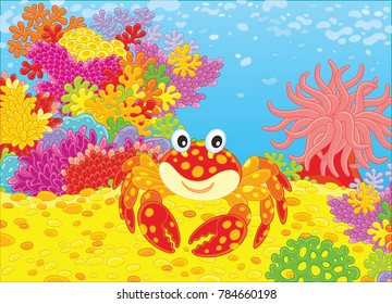 A funny red crab, a pink actinia and colorful corals, a vector illustration in cartoon style