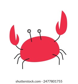 Funny red crab simple trendy illustration. Crab children's character with big claws isolated on white background for sea, beach, tropic, aquarium poster, banner, book, flyer design.