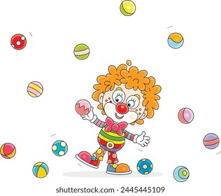 Funny red curly-headed circus clown juggling with merrily jumping colorful toy balls in a fun performance, vector cartoon illustration isolated on a white background