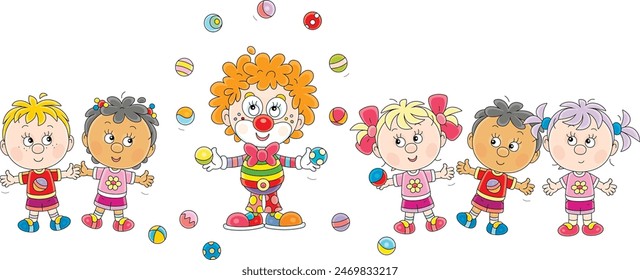 Funny red curly-headed circus clown juggling with toy balls in a fun performance for happy little children, vector cartoon illustration on a white background