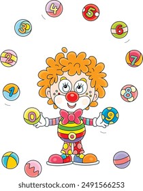 Funny red curly-headed circus clown juggling with colorful toy balls with numbers in a fun performance for little kids, vector cartoon illustration on a white background