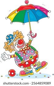 Funny red curly-headed circus clown playing with a multi colored striped umbrella in a fun performance, vector cartoon illustration on a white background