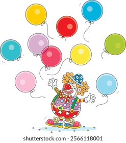 Funny red curly-headed circus clown playing with colorful holiday balloons in a fun performance, vector cartoon illustration on a white background