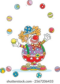 Funny red curly-headed circus clown juggling with colorful toy balls in a fun performance, vector cartoon illustration on a white background