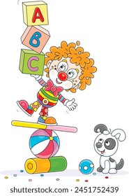 Funny red curly-headed clown equilibrist playing with his small pup and balancing with children’s cubes on a colorful ball, board and cylinder in a fun circus performance, vector cartoon illustration