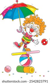 Engraçado palhaço encaracolado vermelho equilibrista com um guarda-chuva de brinquedo equilibrando em uma bola colorida, tabuleiro e cilindro em um divertido circo desempenho, ilustração de desenhos vetoriais em um fundo branco