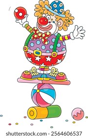 Funny red curly-headed clown equilibrist playing and balancing on a colorful ball, board and cylinder in a fun circus performance, vector cartoon illustration on a white background