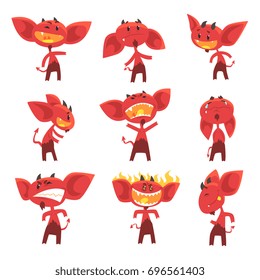 Funny red devil cartoon characters with different emotions set of vector Illustrations