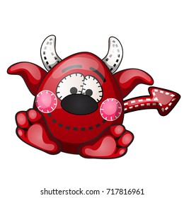 Funny red devil with contours in the form of strokes and dotted lines isolated on white background. Idea for a sticker or sew-on patches in the style of Halloween. Vector cartoon close-up illustration