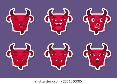 Funny Red Devil Face or Muzzle with Horns and Fangs Vector Set