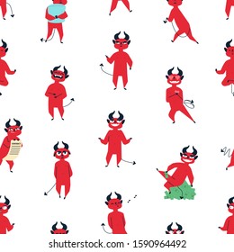 Funny red devil flat vector seamless pattern. Comic satan, cute demon with horns decorative texture. Hell mascot, mythical creature in different poses illustrations. Creative wallpaper, textile design