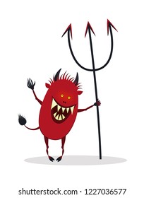 Funny red devil with horns and tail. Vector cute monster with a trident.