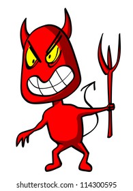 Funny red devil with trident, ominously smiling.