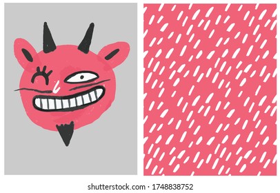 Funny Red Devil Vector Illustration. Halloween Party Print.Simple Irregular Grunge Seamless Vector Pattern with White Brush Spots Isolated on a Red Background.Red Smiling Monster. Infantile Style Art.