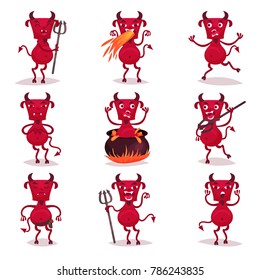 Funny red devils with horns and tails set, demon positive cartoon characters with different emotions vector Illustrations