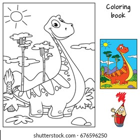 Funny red dinosaur. Coloring book. Cartoon vector illustration