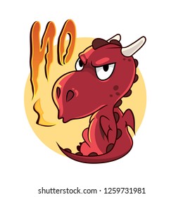 Funny red dragon in cartoon style. Gloomy dinosaur says No using fire. Concept of prohibition and discontent