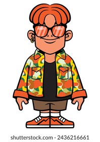 Lustige rote Dreadlocks Junge Cartoon Charaktere tragen lässige Outfits wie Sonnenbrille, Tarnhemd, kurze Hose und Turnschuhe. Am besten für Aufkleber, Logo und Maskottchen mit Modethemen