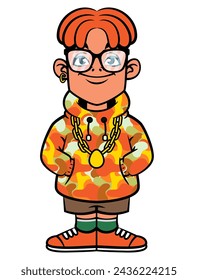Funny Red dreadlocks Boy cartoon characters wearing casual outfit like eyeglasses, camouflage hoodie jacket, short pants, and sneakers. Best for sticker, logo, and mascot with fashion themes