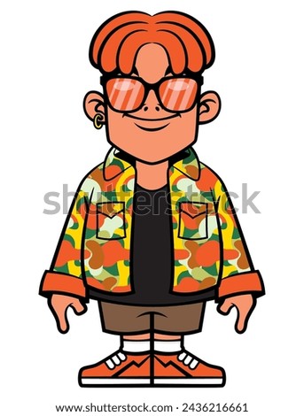 Funny Red dreadlocks Boy cartoon characters wearing casual outfit like sunglasses, camouflage shirt, short pants, and sneakers. Best for sticker, logo, and mascot with fashion themes