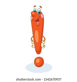 Funny red exclamation point. In cartoon style. Isolated on white background. Vector illustration.