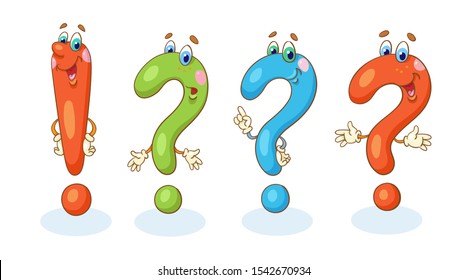 Funny red exclamation point and three question marks of different colors and emotions. In cartoon style. Isolated on white background. Vector illustration.