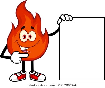 Funny Red Fire Cartoon Character Pointing To A Blank Sign. Vector Hand Drawn Illustration Isolated On Transparent Background
