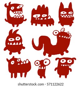 Funny Red Flat Monsters Isolated Vector Illustration. Aliens Look Like Mutant Bugs Germs.Cheerful Collection Creatures for Web Icons and Shirts.