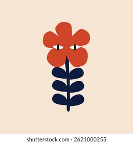 Funny red flower hand drawn vector illustration. Isolated adorable plant for kids poster or logo.
