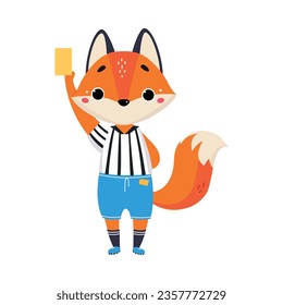 Funny Red Fox Animal Character Referee Showing Yellow Card Vector Illustration
