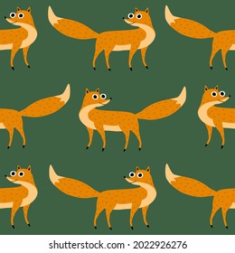 Funny red fox with big eyes on a green background. Adorable character hand drawn vector illustration. Forest animal seamless pattern.