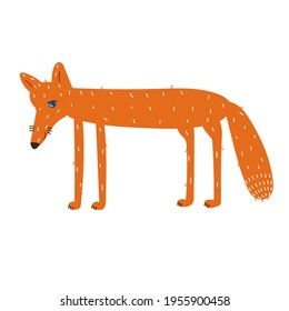A funny red fox with a big tail. Stylized drawing, children's illustration, the fox smiles. Color picture. Print, postcard, vector, clipart.