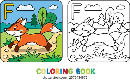 Funny red fox. Children vector illustration. Animals ABC coloring book for kids with example. Alphabet F