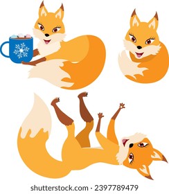 Funny red fox collection. Cute fox lies on his back and drinks coffee. Emotion little animal. Cartoon animal character design.