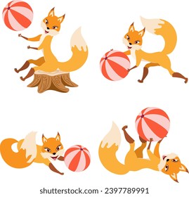 Funny red fox collection. Cute fox plays with a ball. Emotion little animal. Cartoon animal character design.