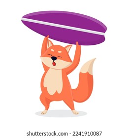 Funny Red fox surfing, enjoying outdoor activity. Cute animal character on surfboard cartoon illustration. Summer, extreme water sport concept