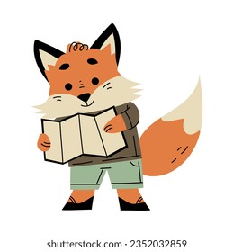 Funny Red Fox Traveler Character Watching Map Vector Illustration