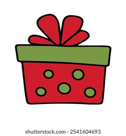 Funny red and green Christmas gift box. Vector drawing of a gift box with a bow. Design element