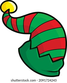 Funny red green stripes elf's hat in cartoon style
