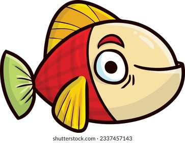 Funny red green yellow fish cartoon character