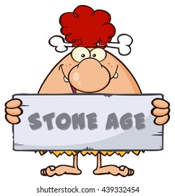 Funny Red Hair Cave Woman Cartoon Mascot Character Holding A Stone Sign With Text Stone Age. Vector Illustration Isolated On White Background