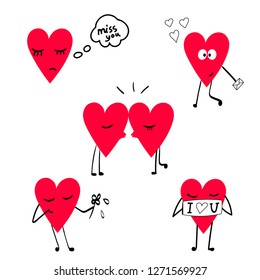 Funny red hearts do different actions, isolated over white background. Picture for Saint Valentine day. Love concept. Be my valentine