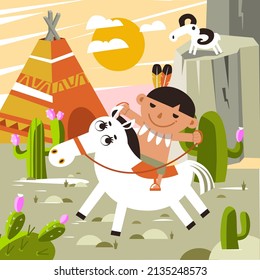 Funny Red Indian boy rides horse. Сute cartoon character. Vector illustration for children games, kids book design, puzzles.