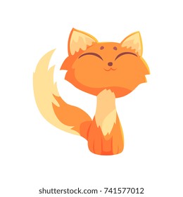 Funny red kitten sitting on the floor with closed eyes, cute cartoon animal character vector Illustration