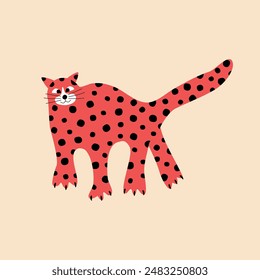 Funny red leopard hand drawn vector illustration. Isolated cat in flat style for kids poster or logo.